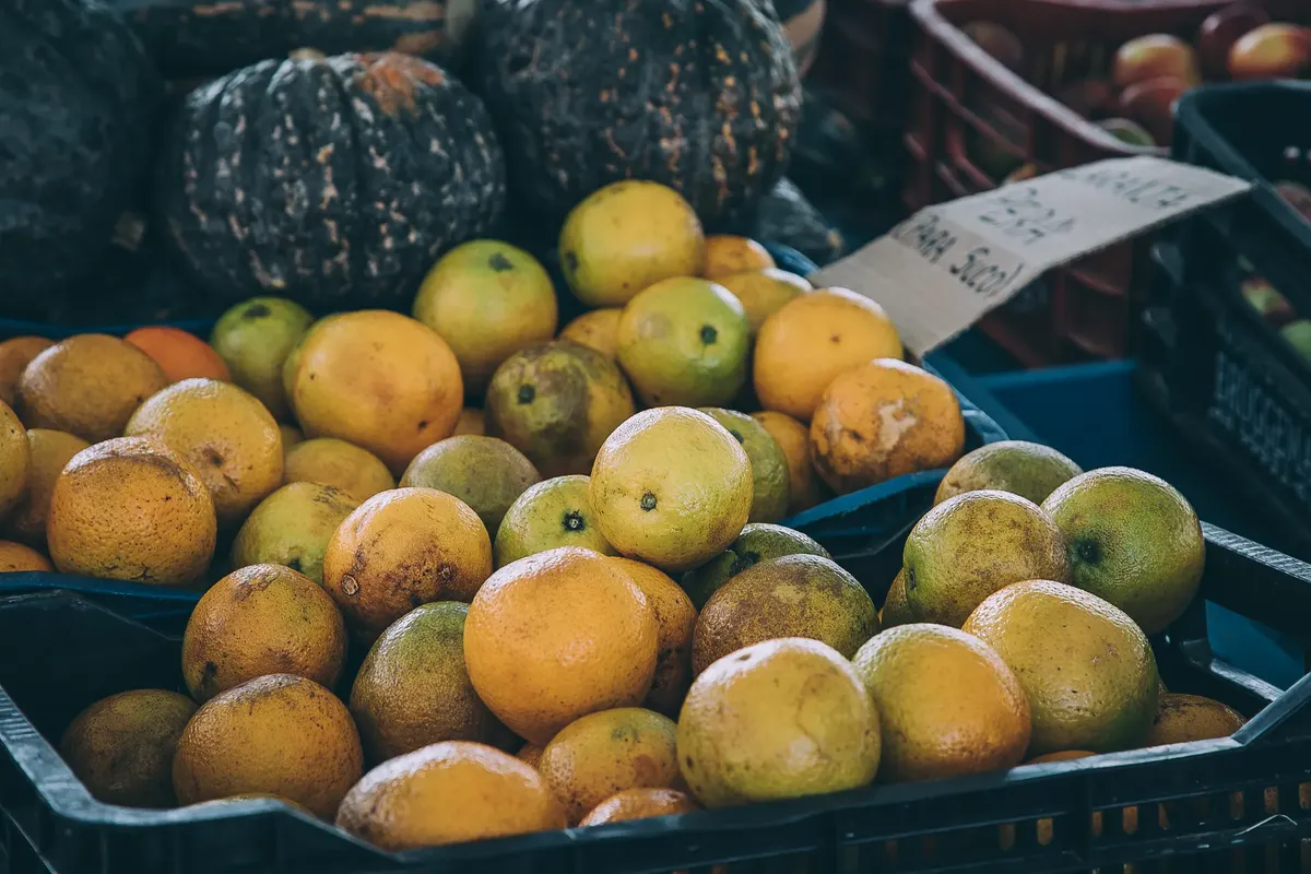 Basket of fresh citrus fruits on display at a local market stall.