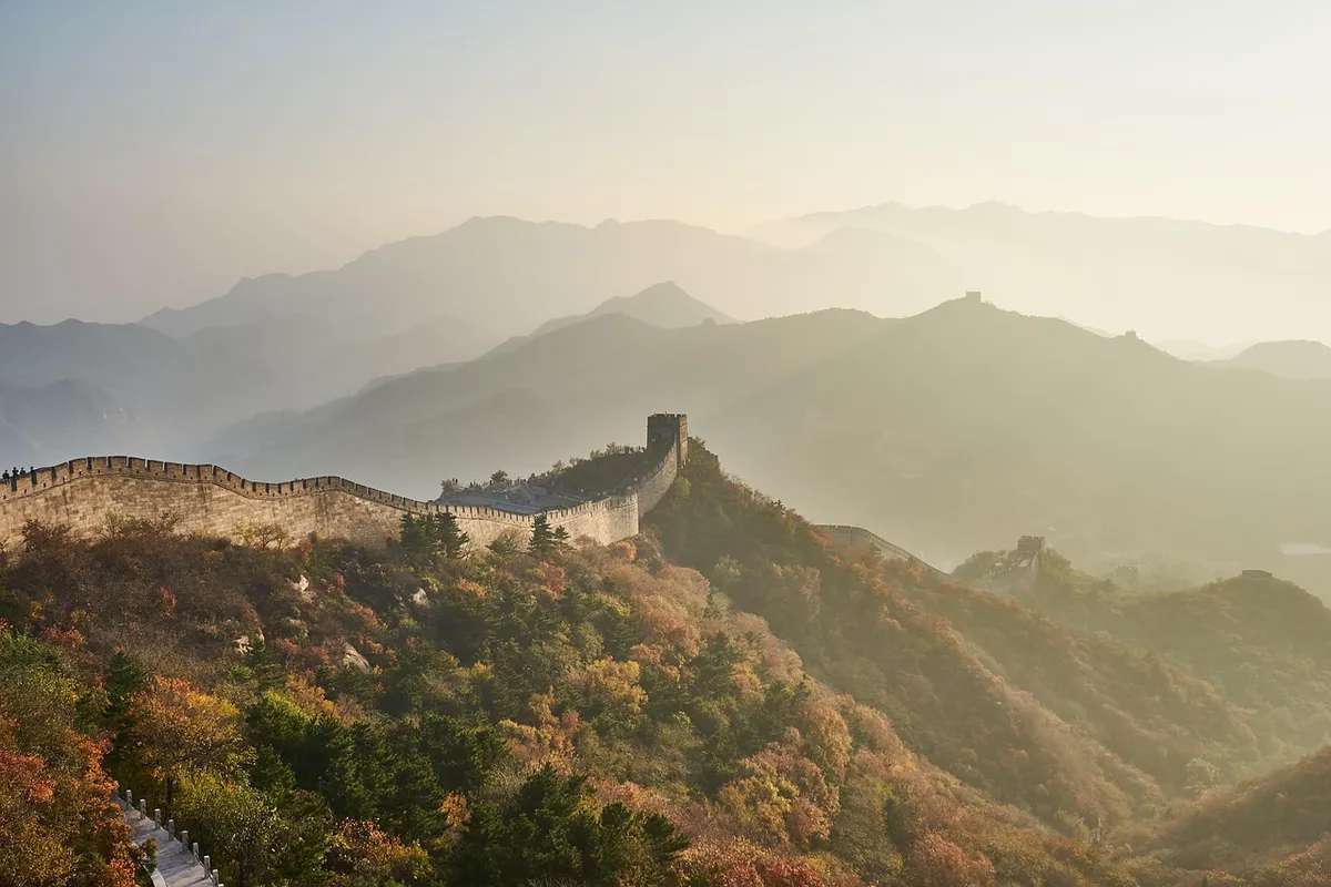 great wall of china, mountain, ancient, architecture, nature, trees, forest, sunset, landscape, panoramic, china, border, fall, autumn