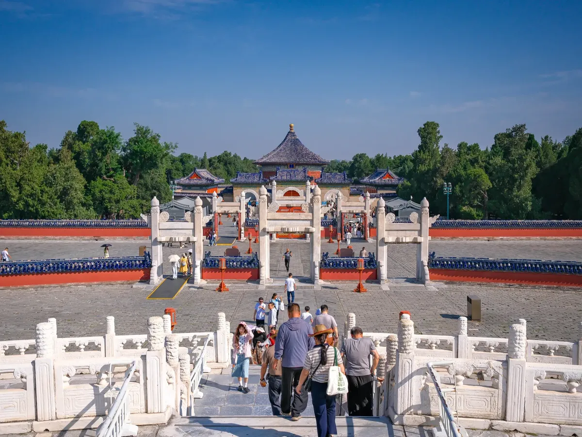 Visitors at the iconic Temple of Heaven in Beijing on a sunny day.