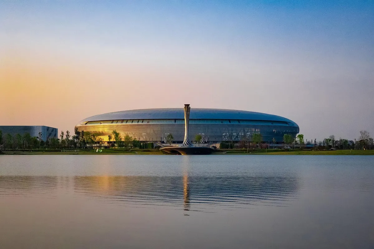 lake, bridge, stadium, torch, park, dong'an lake, chengdu, china, universiade, world university games, sky, fisu world university games, nature, sports meeting,