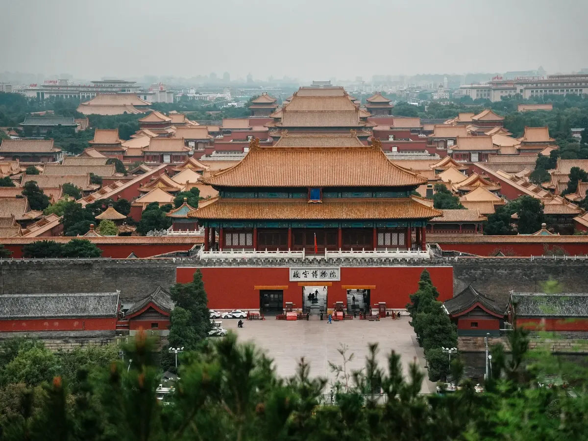 A stunning aerial view of the Forbidden City in Beijing, showcasing its historic architecture.