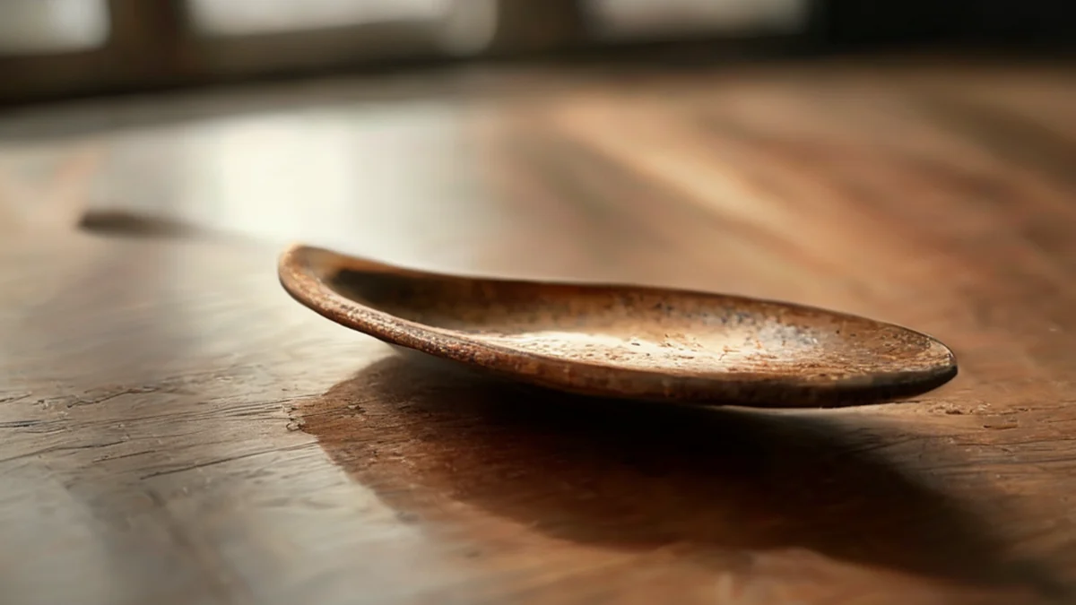 Rostige Bronze-Gabel, mit Oxidation und Schleifspuren.