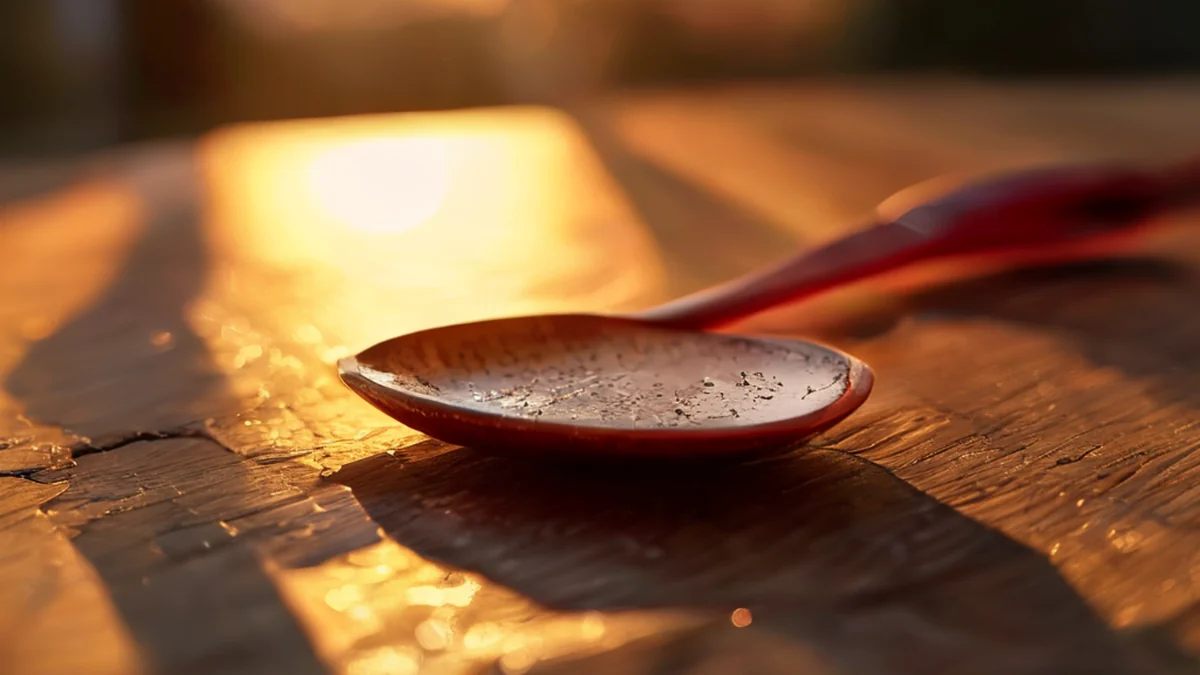 Eingerissenes Schneidetablett, beschädigter Rand, trübes Rot, auf Holztisch, goldenes Licht, flaches Bildfeld, photo-realistisch, scharfe Fokussierung, hohe Details