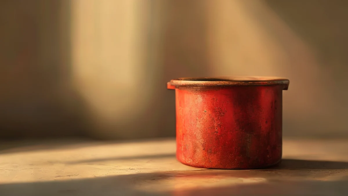 A metal pot with a handle and a round base, showing the texture of the metal and the interior surface.