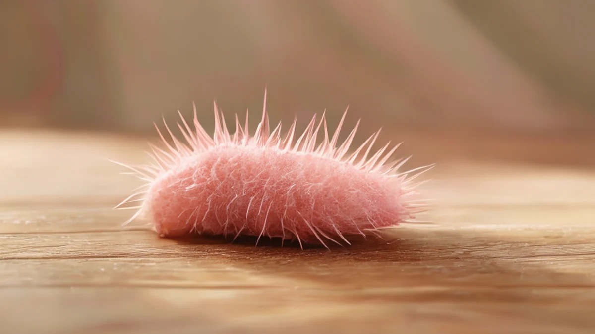 Een lichtroze, gekromde, spikige object met een ruwe, zandige textuur, op een eenvoudige houten tafel onder warme zijkantlicht, zacht scherpe focus, fotorealistisch, hoge details, scherp focus